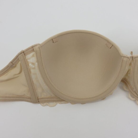 SO 36B Bra Solid Beige Strapless Bra Underwire Padded Lace Accent Bow Womens - Picture 8 of 13